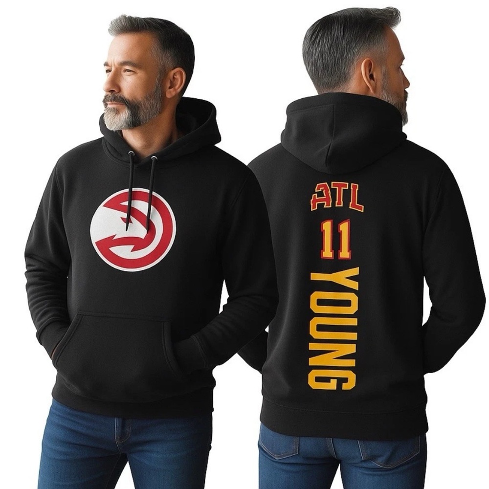 Atlanta Hawks Hoodie Men’s L Black ATL Trae Young 11‎ Logo Pullover Sweatshirt